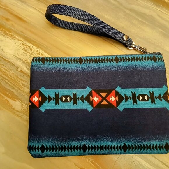 New Western theme Pouch Clutch Wristlet Blue Teal wallet cosmetics envelope bag - Picture 3 of 3